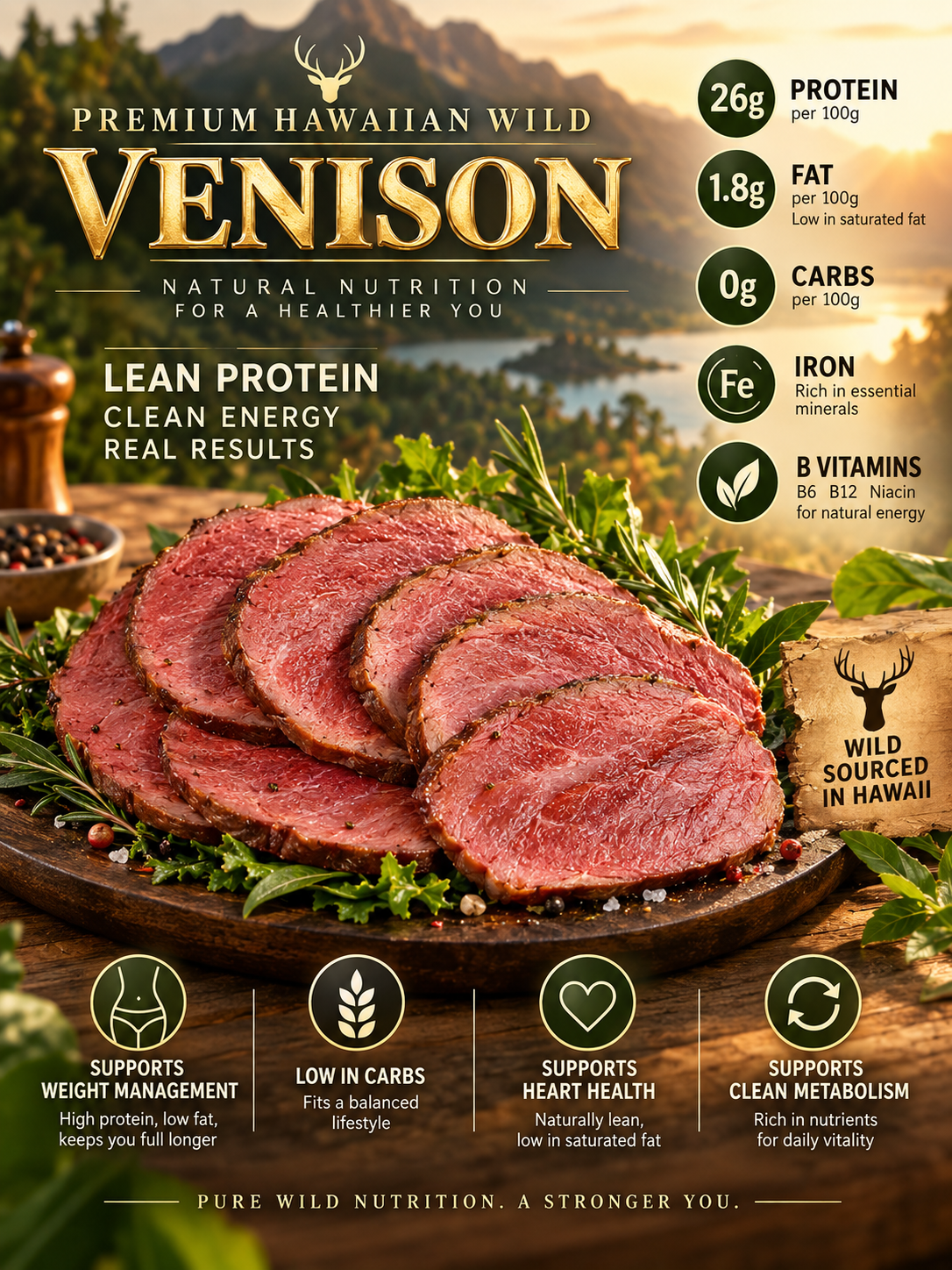 HAWAIIAN WILD VENISON · A RARE TASTE OF THE ISLANDS | Premium. Wild. Naturally Lean.-Sherry